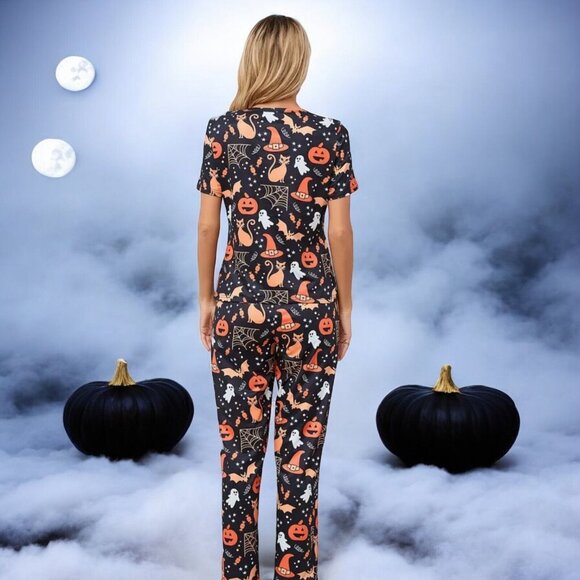 Pumpkin Print Pajama Set, Halloween Short Sleeve Crew Neck Top & Elastic Waist - Picture 2 of 3